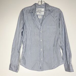 Frank & Eileen Barry Striped Blue White Cotton Poplin Crinkle Button Down Shirt
